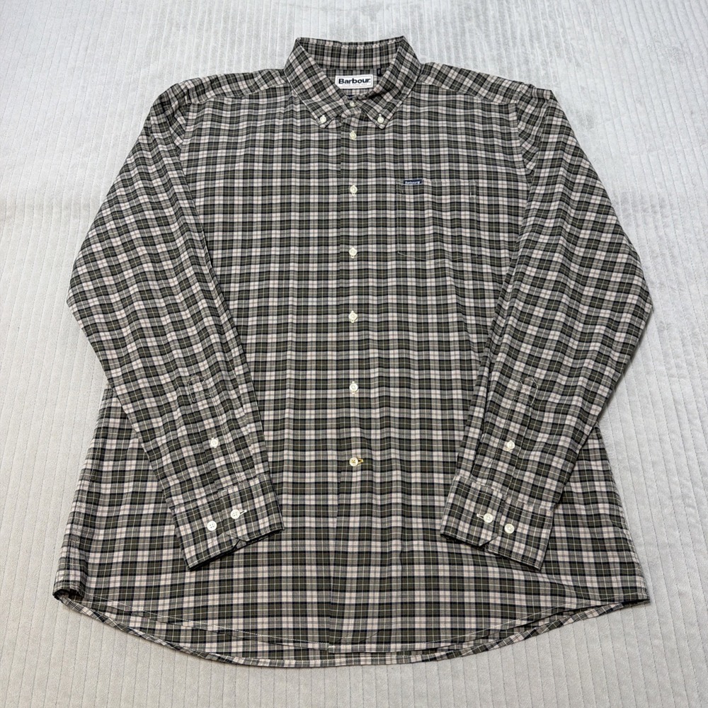 Barbour Shirt Mens Large White Blue Green Button Down Performance Tailored Fit